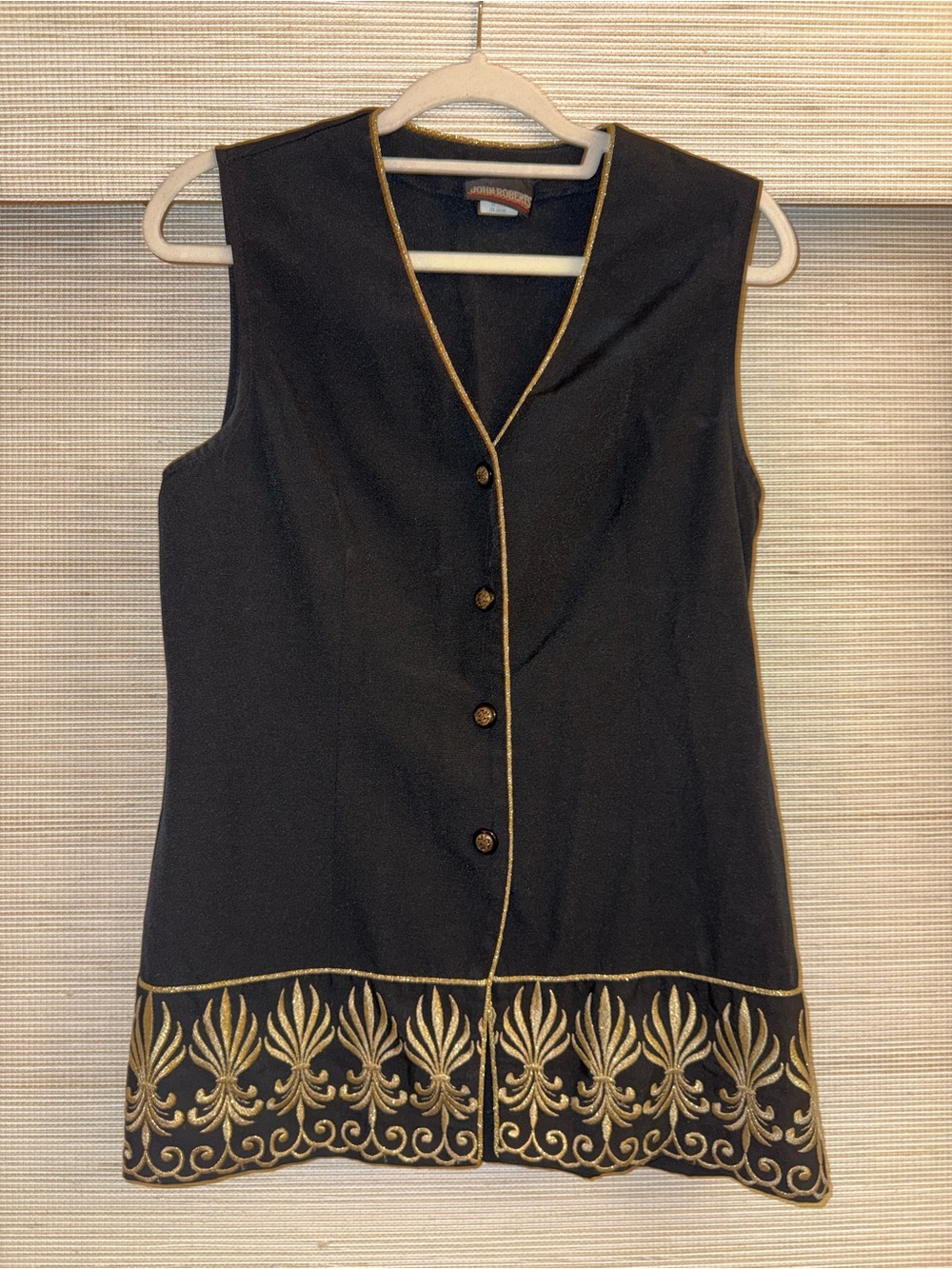 Vintage John Roberts Black Sleeveless Embroidered Vest with Gold Trim Size M/ L